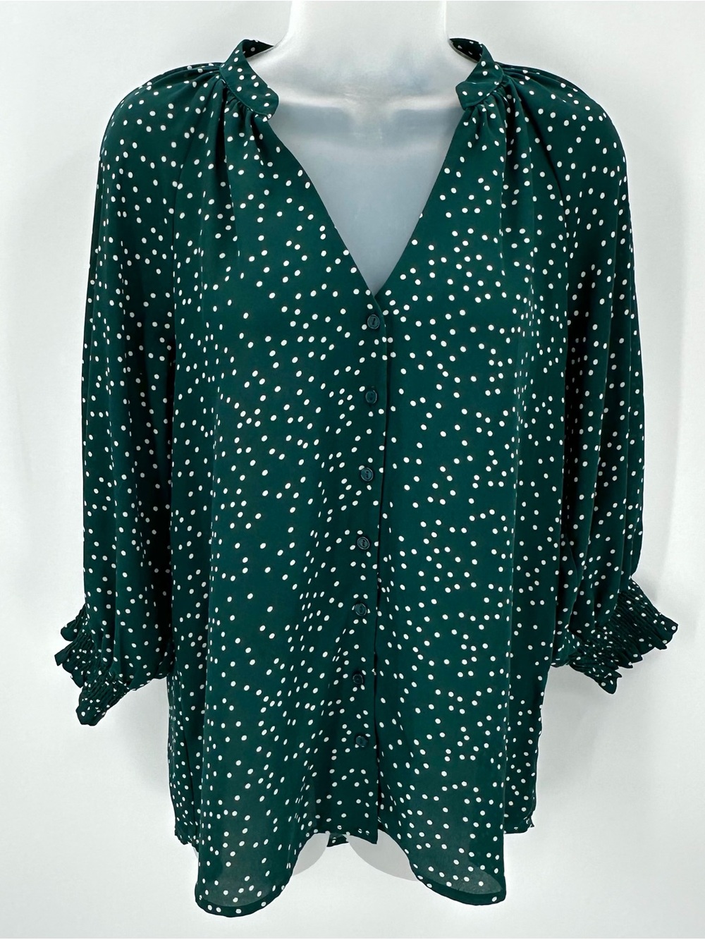 Lush Blouse Women’s S Green Polka Dot Button Front V-Neck 3/4 Sleeve Classic